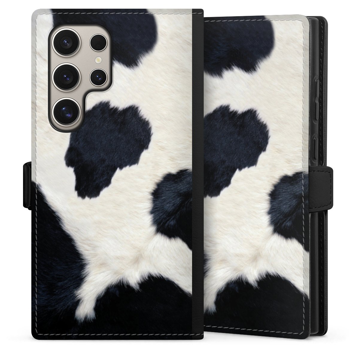 Galaxy S24 Ultra Handy Klapphülle Handyhülle aus Kunst Leder schwarz Flip Case Animal Look Animal Print Cow Skin Sideflip mit Lasche