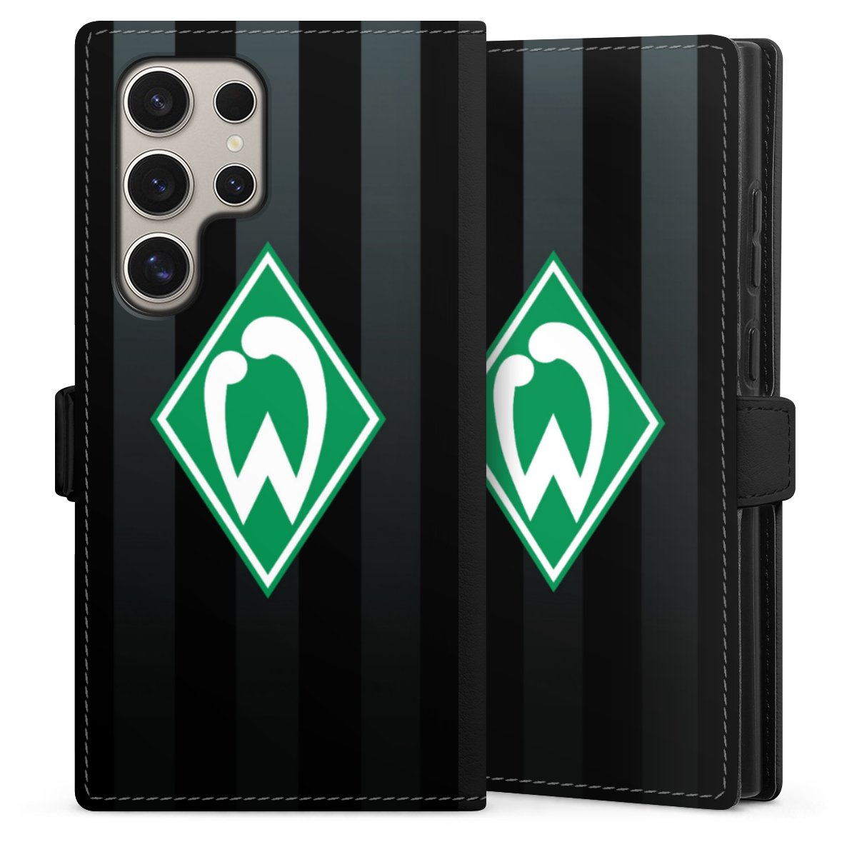 Galaxy S24 Ultra Handy Klapphülle Handyhülle aus Kunst Leder schwarz Flip Case Stripes Sv Werder Bremen Official Licensed Product Sideflip mit Lasche