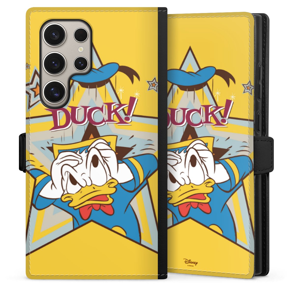 Galaxy S24 Ultra Handy Klapphülle Handyhülle aus Kunst Leder schwarz Flip Case Official Licensed Product Donald Duck Disney Sideflip mit Lasche