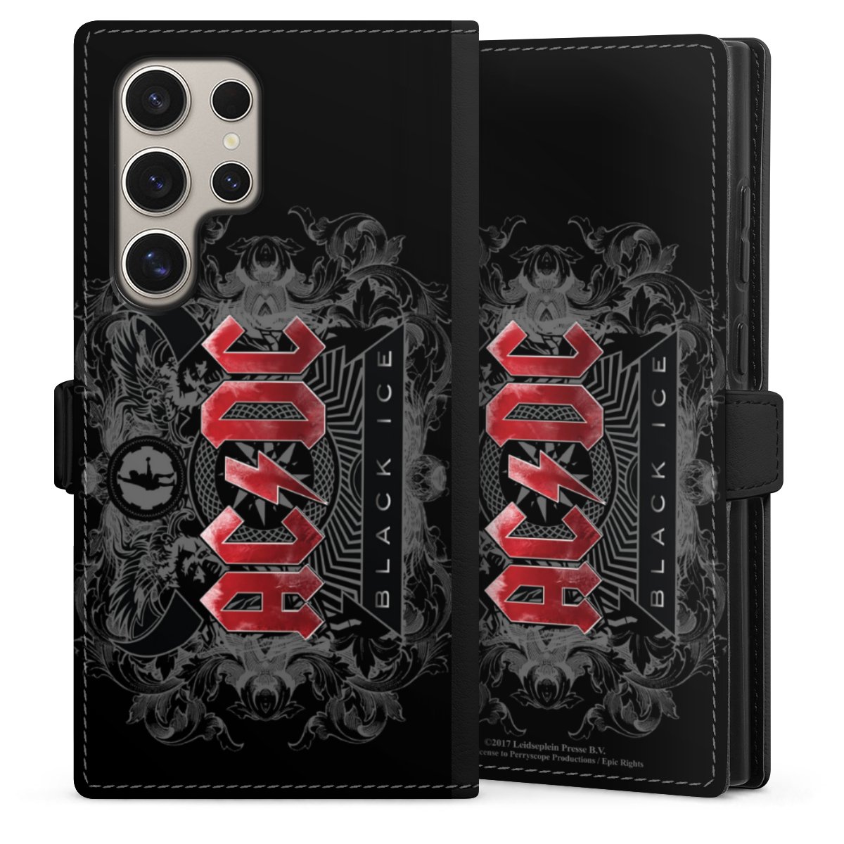 Galaxy S24 Ultra Handy Klapphülle Handyhülle aus Kunst Leder schwarz Flip Case Merchandise Black Ice Acdc Sideflip mit Lasche