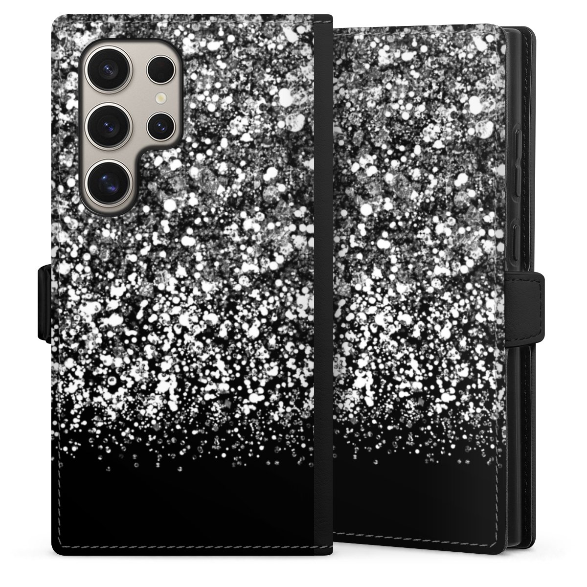 Galaxy S24 Ultra Handy Klapphülle Handyhülle aus Kunst Leder schwarz Flip Case Glitzer Snowflake Muster Sideflip mit Lasche