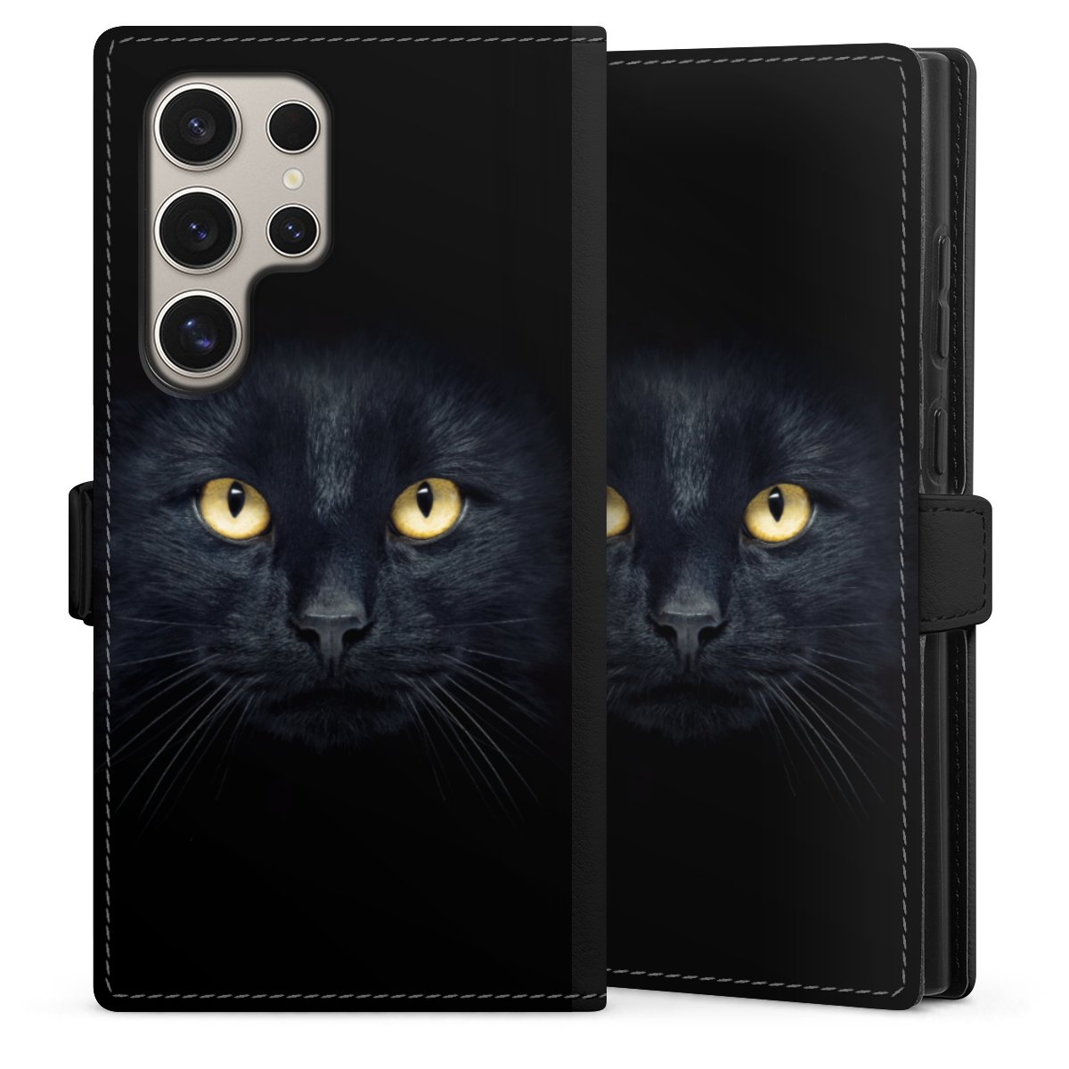 Galaxy S24 Ultra Handy Klapphülle Handyhülle aus Kunst Leder schwarz Flip Case Eye Cat Black Sideflip mit Lasche