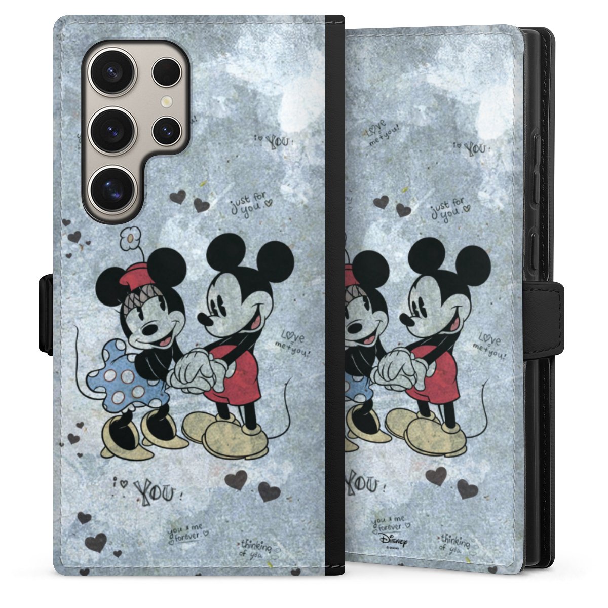 Galaxy S24 Ultra Handy Klapphülle Handyhülle aus Kunst Leder schwarz Flip Case Mickey & Minnie Mouse Vintage Disney Sideflip mit Lasche