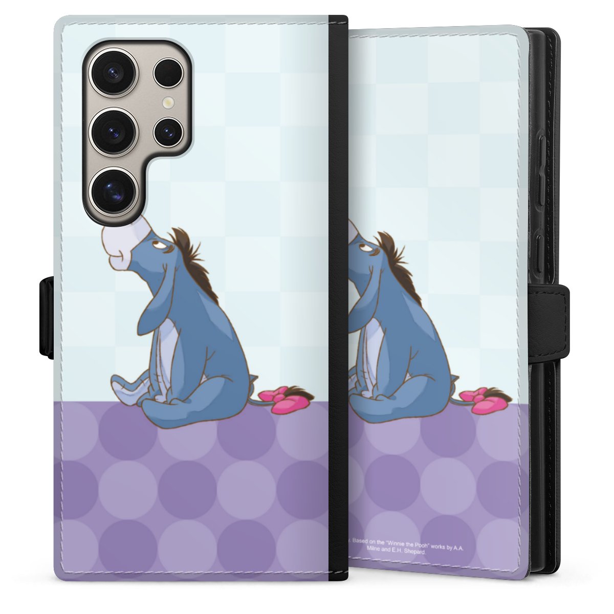 Galaxy S24 Ultra Handy Klapphülle Handyhülle aus Kunst Leder schwarz Flip Case Disney Donkey Winnie The Pooh Sideflip mit Lasche