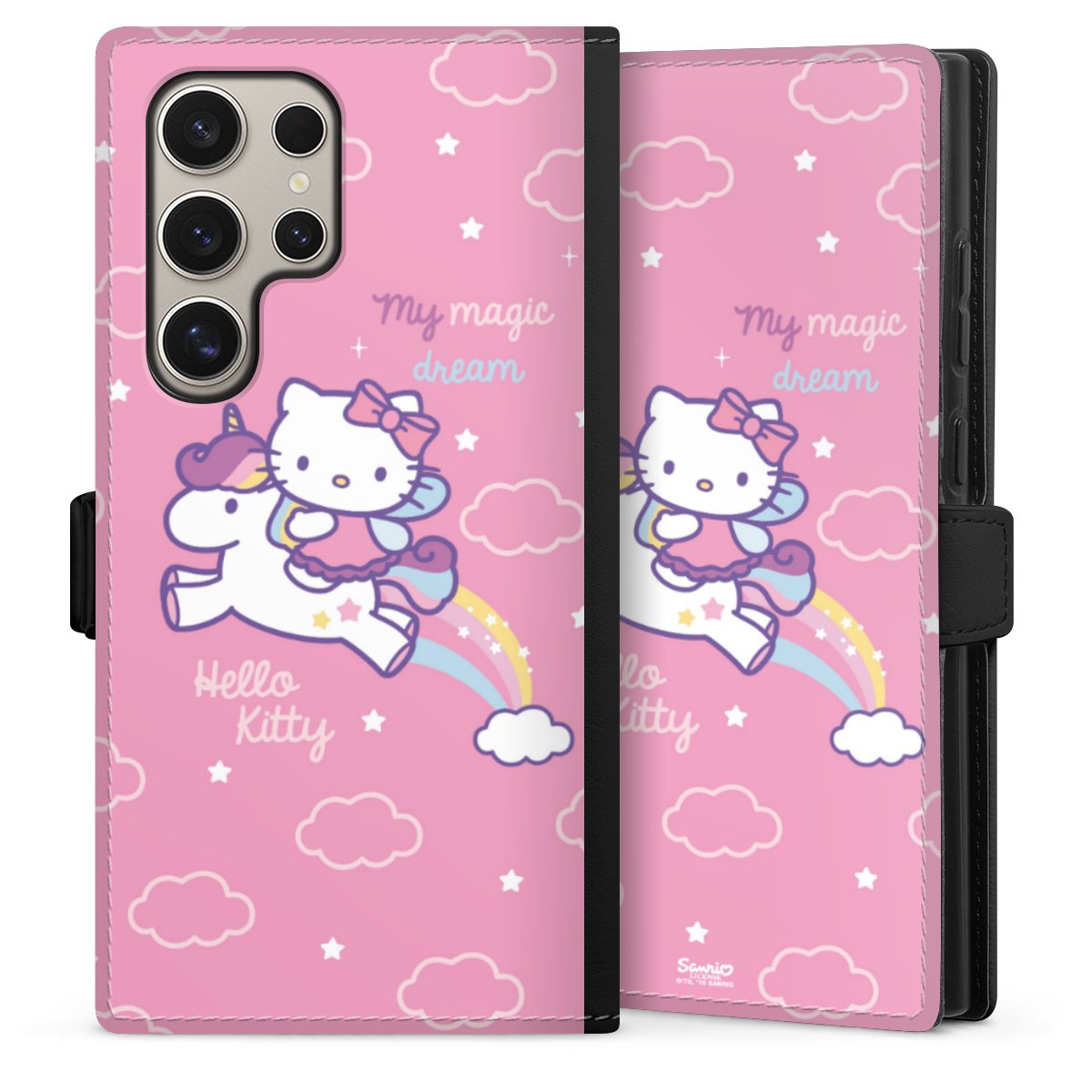 Galaxy S24 Ultra Handy Klapphülle Handyhülle aus Kunst Leder schwarz Flip Case Einhorn Official Licensed Product Hello Kitty Sideflip mit Lasche