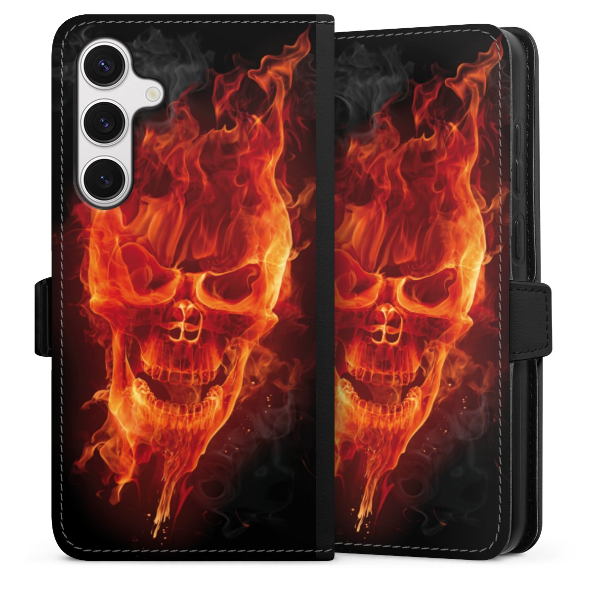 Galaxy S24+ Handy Klapphülle Handyhülle aus Kunst Leder schwarz Flip Case Totenkopf Skull Fire Sideflip mit Lasche