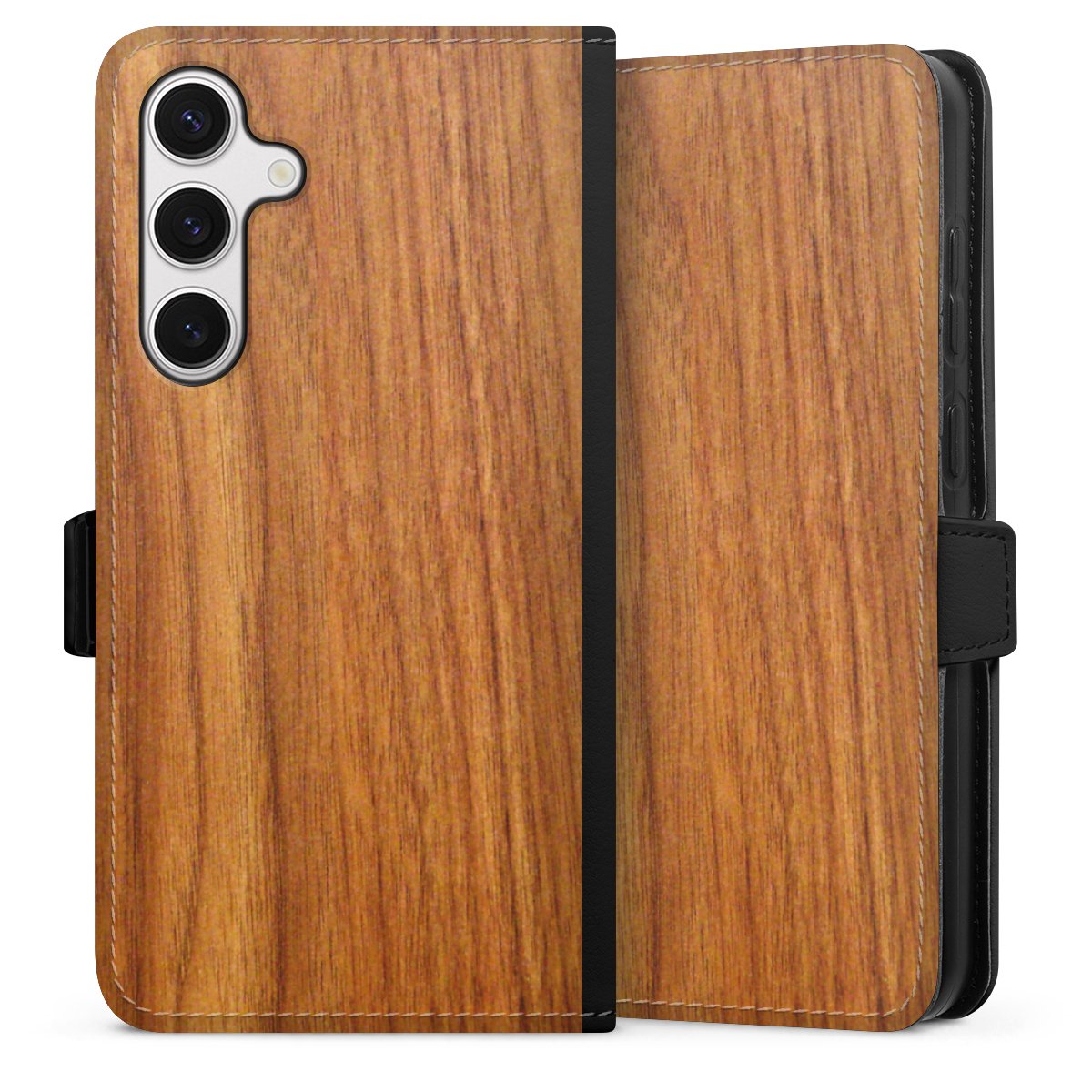 Galaxy S24+ Handy Klapphülle Handyhülle aus Kunst Leder schwarz Flip Case Wood Larch Wooden Look Sideflip mit Lasche