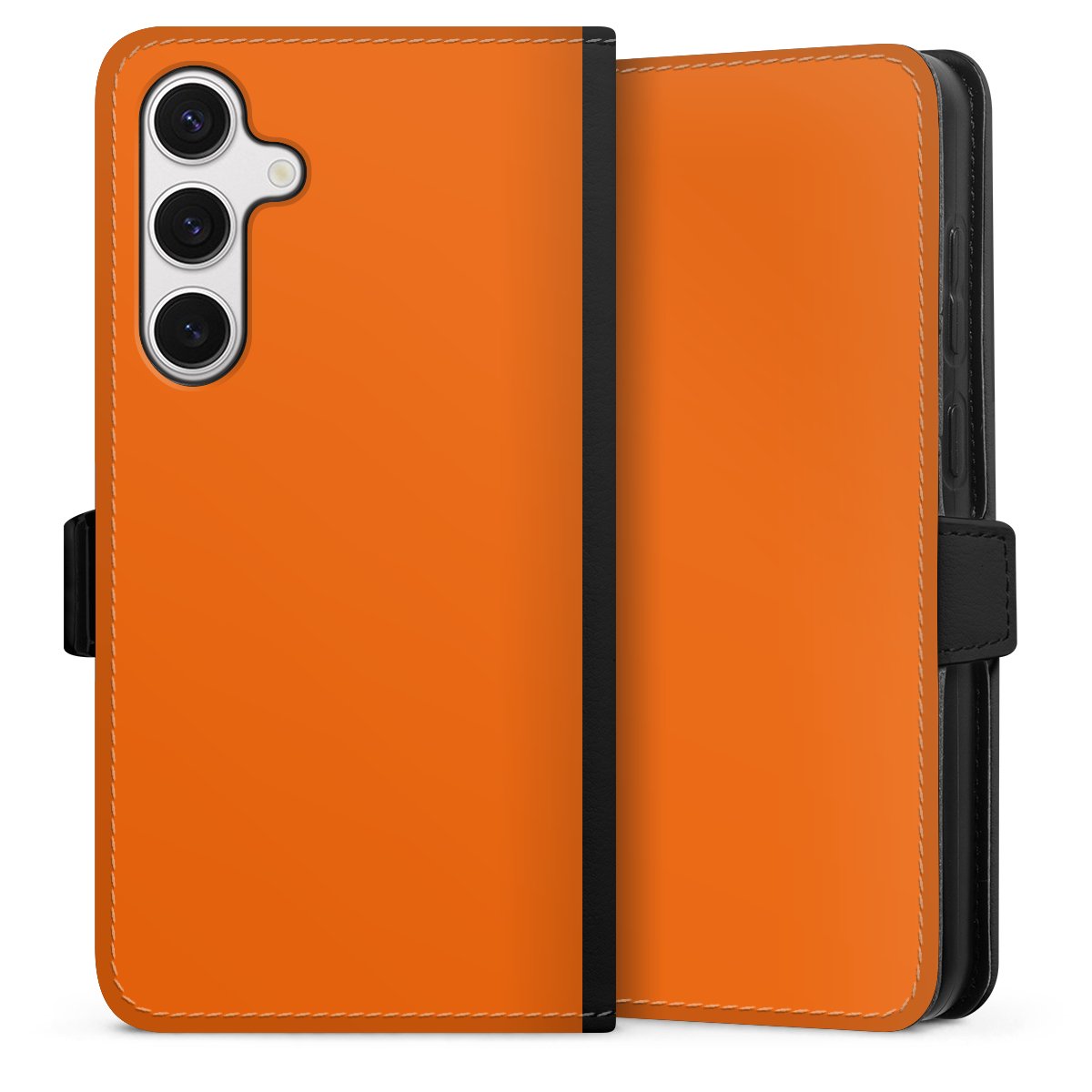 Galaxy S24+ Handy Klapphülle Handyhülle aus Kunst Leder schwarz Flip Case Orange Colour Unicoloured Sideflip mit Lasche