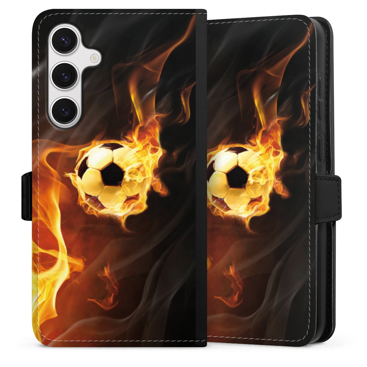 Galaxy S24+ Handy Klapphülle Handyhülle aus Kunst Leder schwarz Flip Case Ball Fire Soccer Sideflip mit Lasche