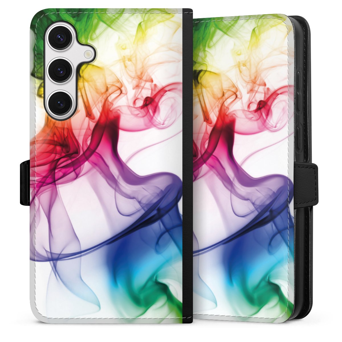 Galaxy S24+ Handy Klapphülle Handyhülle aus Kunst Leder schwarz Flip Case Water Colour Rainbow Sideflip mit Lasche