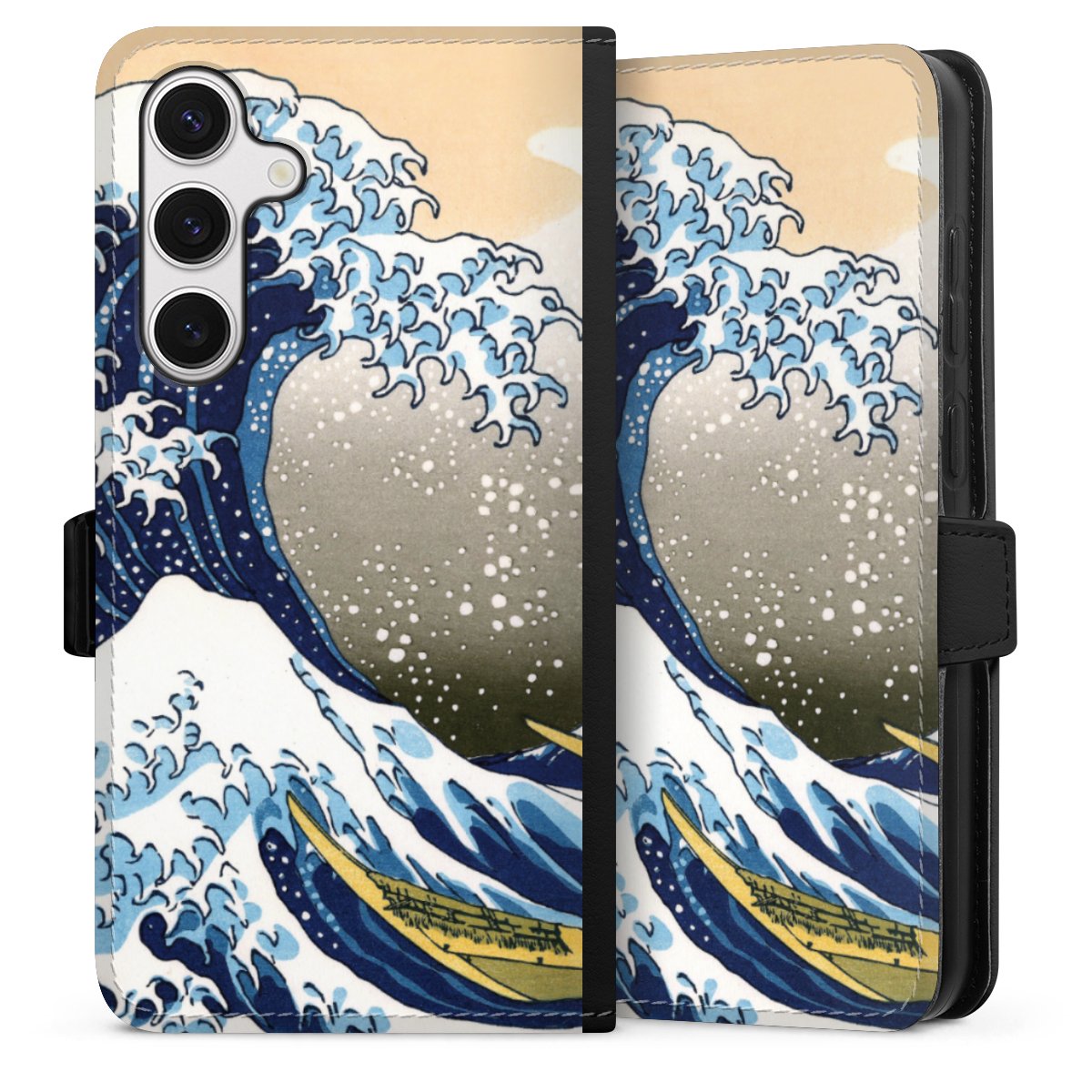 Galaxy S24+ Handy Klapphülle Handyhülle aus Kunst Leder schwarz Flip Case Kunst Katsushika Hokusai Die Große Welle Vor Kanagawa Sideflip mit Lasche