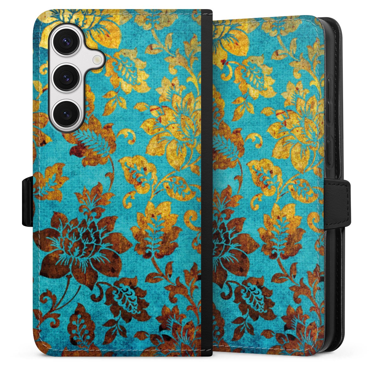 Galaxy S24+ Handy Klapphülle Handyhülle aus Kunst Leder schwarz Flip Case Ornament Vintage Flowers Sideflip mit Lasche