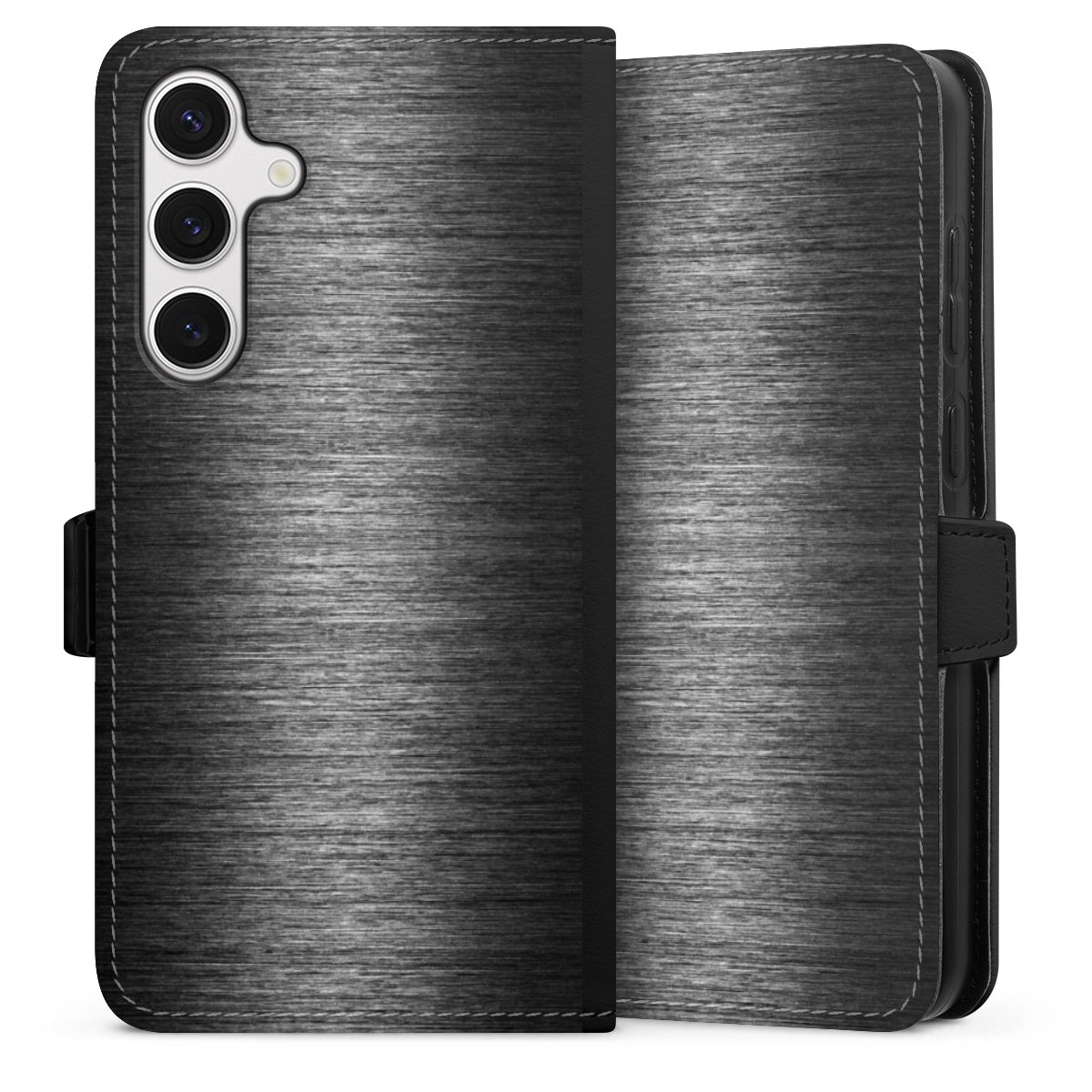 Galaxy S24+ Handy Klapphülle Handyhülle aus Kunst Leder schwarz Flip Case Metallic Look Anthracite Metal Sideflip mit Lasche