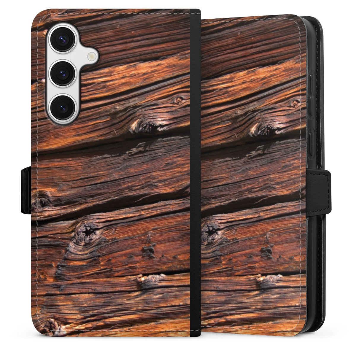 Galaxy S24+ Handy Klapphülle Handyhülle aus Kunst Leder schwarz Flip Case Beams Wooden Look Wood Sideflip mit Lasche