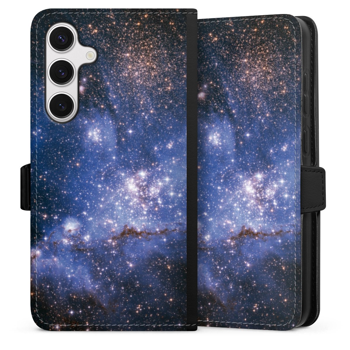 Galaxy S24+ Handy Klapphülle Handyhülle aus Kunst Leder schwarz Flip Case Weltall Galaxy Weltraum Sideflip mit Lasche