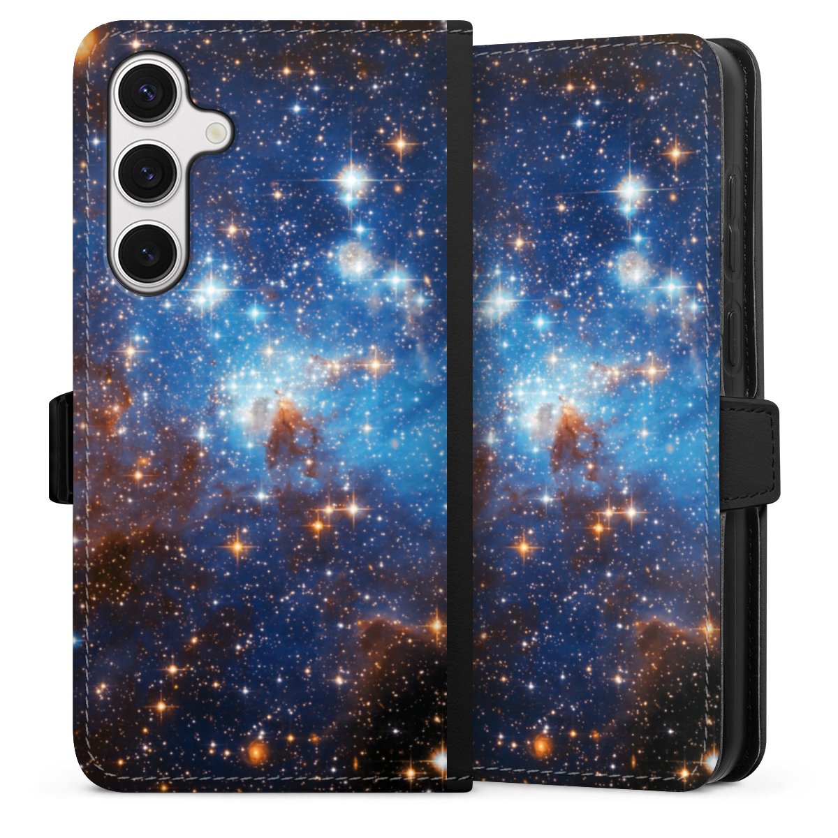 Galaxy S24+ Handy Klapphülle Handyhülle aus Kunst Leder schwarz Flip Case Star Weltall Galaxy Sideflip mit Lasche