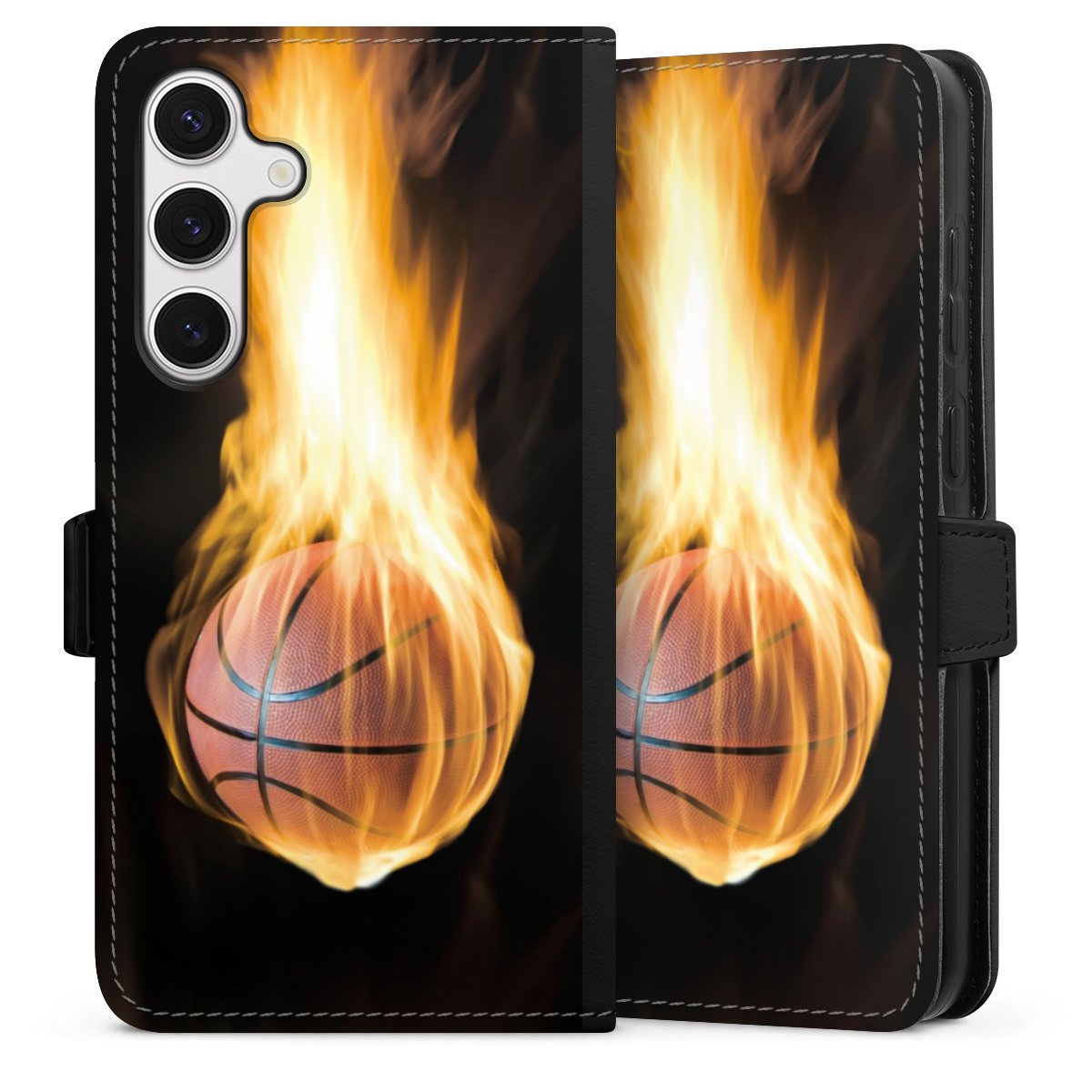 Galaxy S24+ Handy Klapphülle Handyhülle aus Kunst Leder schwarz Flip Case Basketball Sports Fire Sideflip mit Lasche