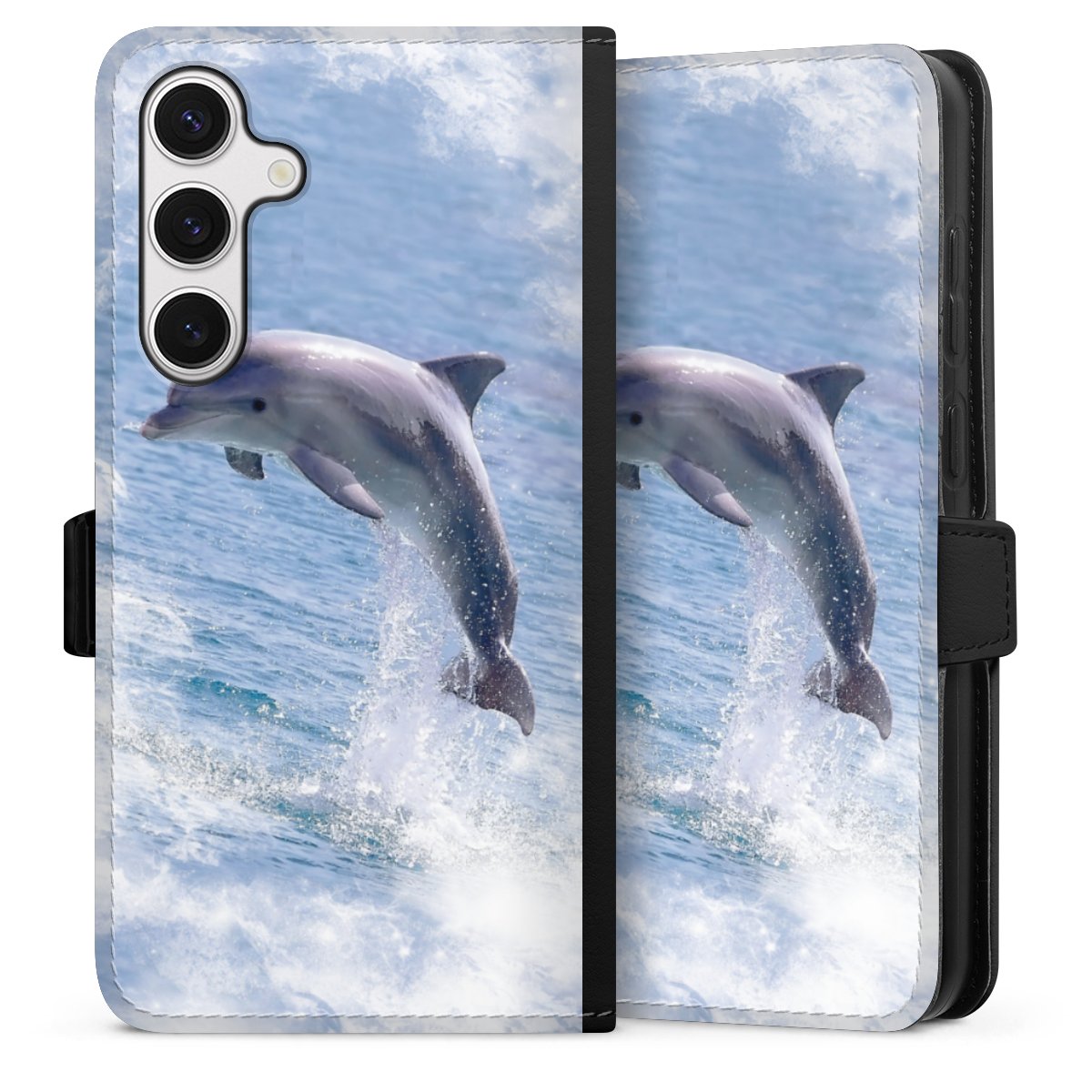 Galaxy S24+ Handy Klapphülle Handyhülle aus Kunst Leder schwarz Flip Case Dolphin Ocean Wale Sideflip mit Lasche