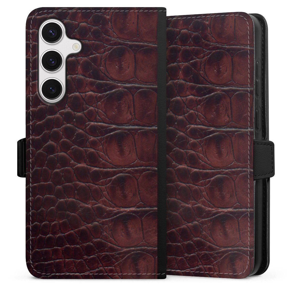 Galaxy S24+ Handy Klapphülle Handyhülle aus Kunst Leder schwarz Flip Case Crocodile Animal Print Leather Sideflip mit Lasche