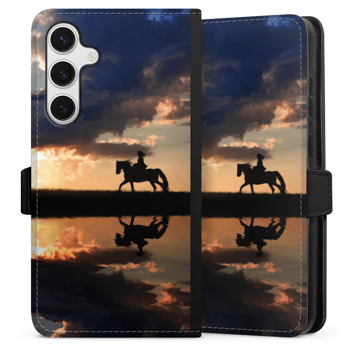 Galaxy S24+ Handy Klapphülle Handyhülle aus Kunst Leder schwarz Flip Case Horse Sunset Horseback Riding Sideflip mit Lasche