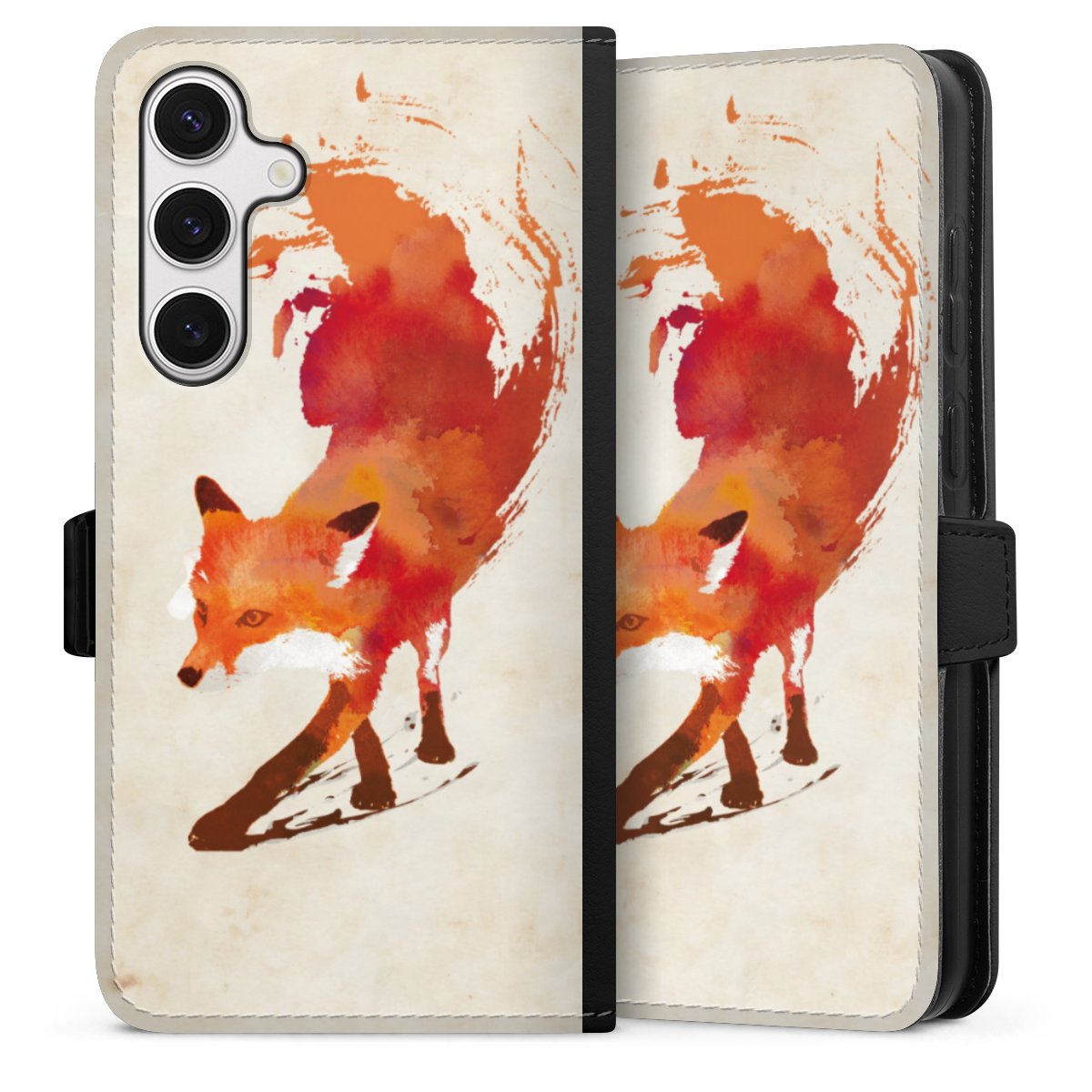 Galaxy S24+ Handy Klapphülle Handyhülle aus Kunst Leder schwarz Flip Case Fox Graphic Sideflip mit Lasche