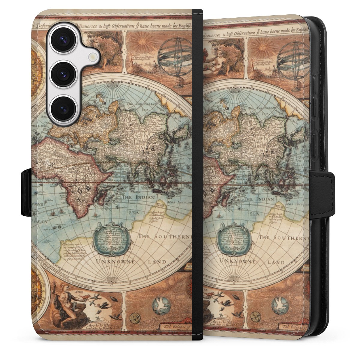 Galaxy S24+ Handy Klapphülle Handyhülle aus Kunst Leder schwarz Flip Case World Map Vintage Map Sideflip mit Lasche