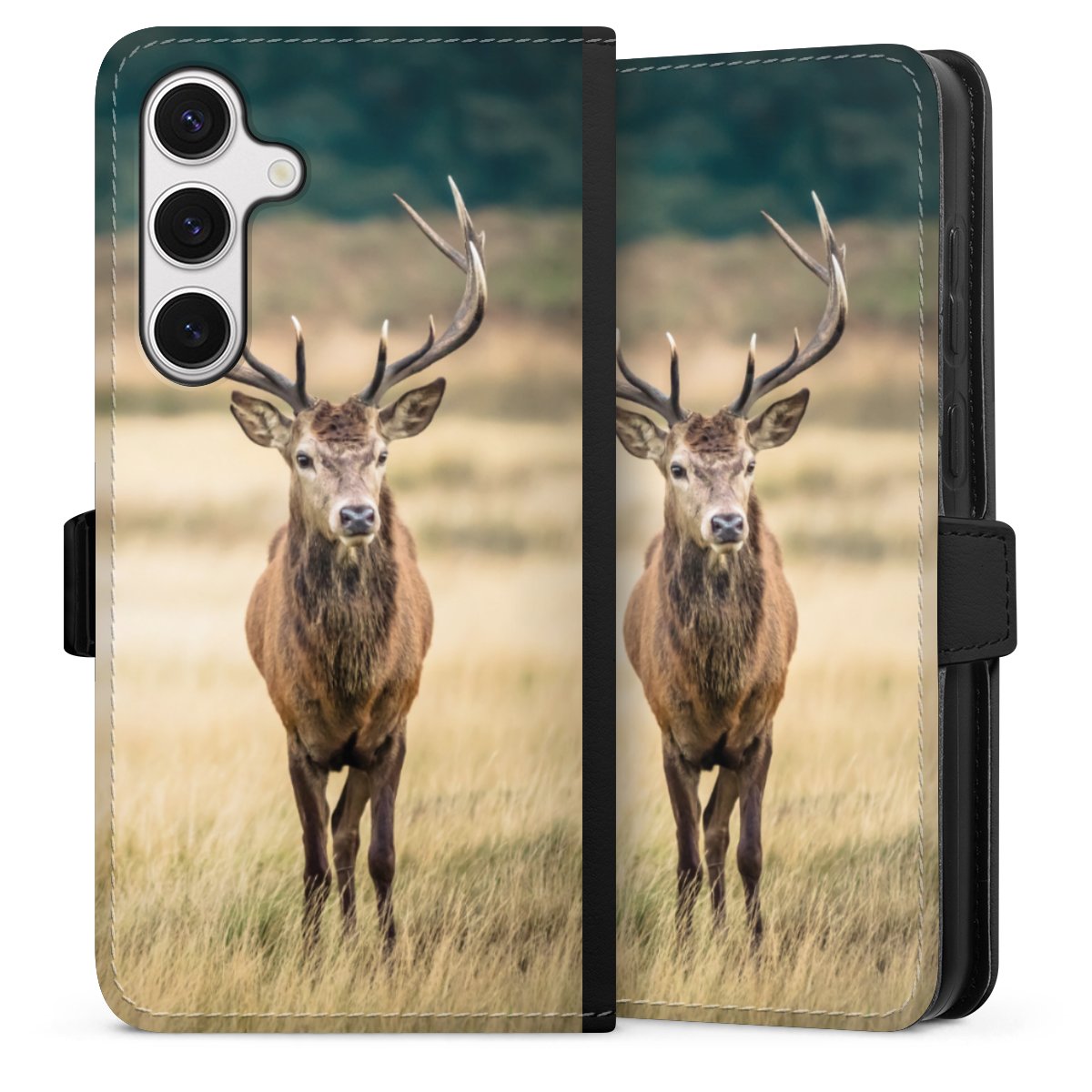 Galaxy S24+ Handy Klapphülle Handyhülle aus Kunst Leder schwarz Flip Case Deer Meadow Forrest Sideflip mit Lasche