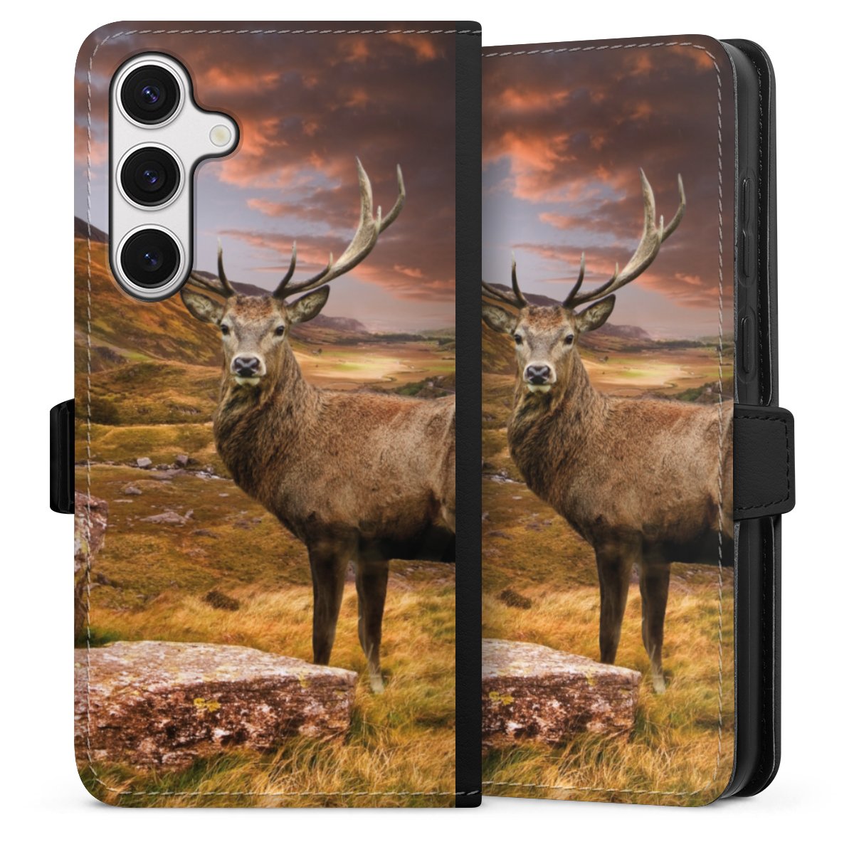 Galaxy S24+ Handy Klapphülle Handyhülle aus Kunst Leder schwarz Flip Case Meadow Mountain Deer Sideflip mit Lasche