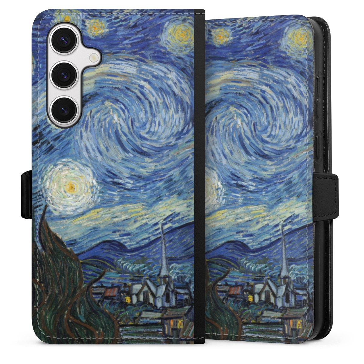 Galaxy S24+ Handy Klapphülle Handyhülle aus Kunst Leder schwarz Flip Case The Starry Night Kunst Vincent Van Gogh Sideflip mit Lasche