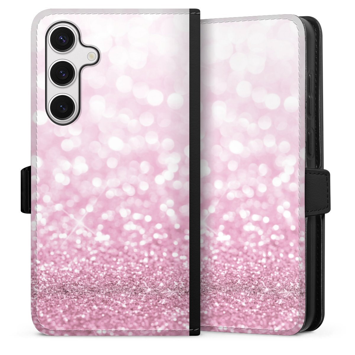 Galaxy S24+ Handy Klapphülle Handyhülle aus Kunst Leder schwarz Flip Case Glitzer Pink Shine Sideflip mit Lasche