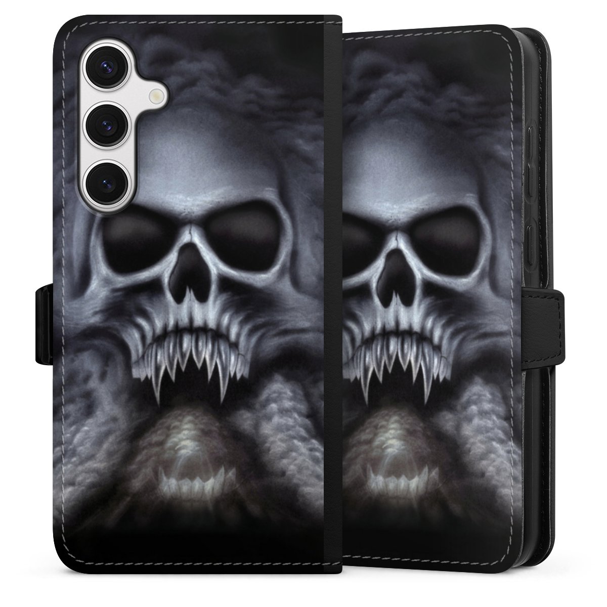 Galaxy S24+ Handy Klapphülle Handyhülle aus Kunst Leder schwarz Flip Case Totenkopf Skull Sideflip mit Lasche