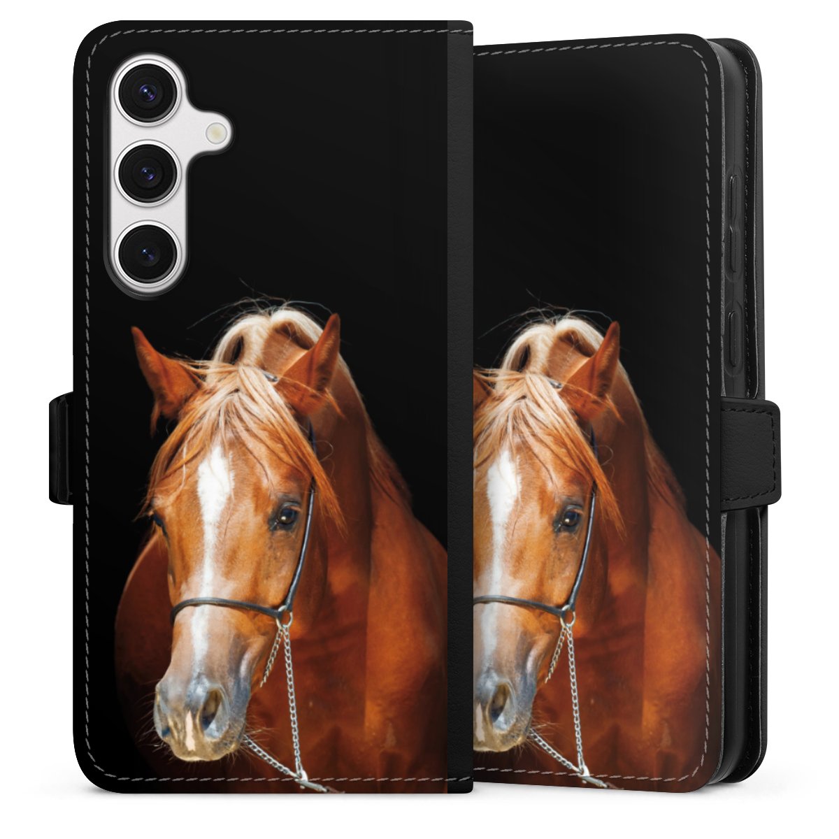 Galaxy S24+ Handy Klapphülle Handyhülle aus Kunst Leder schwarz Flip Case Mare Horse Hobby Sideflip mit Lasche