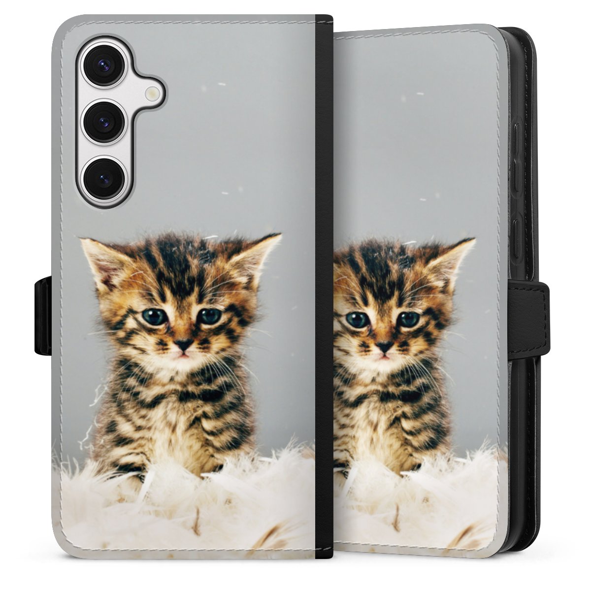 Galaxy S24+ Handy Klapphülle Handyhülle aus Kunst Leder schwarz Flip Case Cat Feather Pet Sideflip mit Lasche