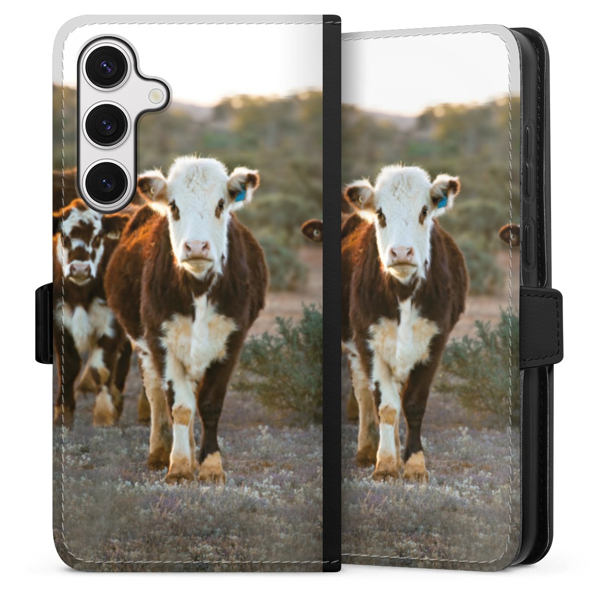 Galaxy S24+ Handy Klapphülle Handyhülle aus Kunst Leder schwarz Flip Case Cow Farmer Calf Sideflip mit Lasche