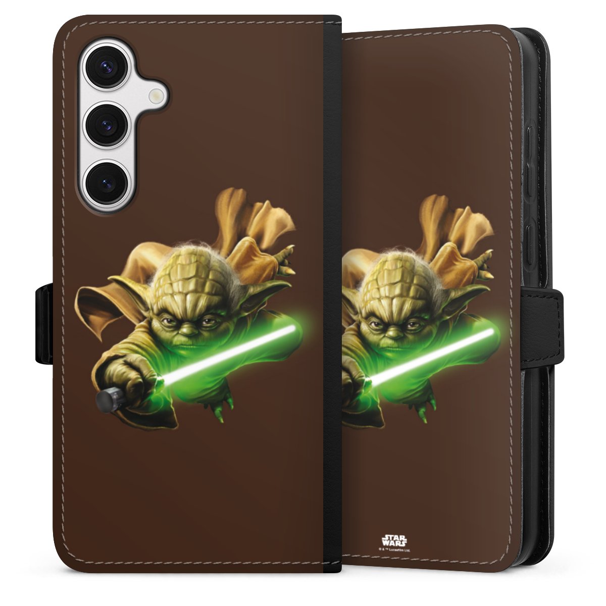 Galaxy S24+ Handy Klapphülle Handyhülle aus Kunst Leder schwarz Flip Case Yoda Merchandise Star Wars Sideflip mit Lasche