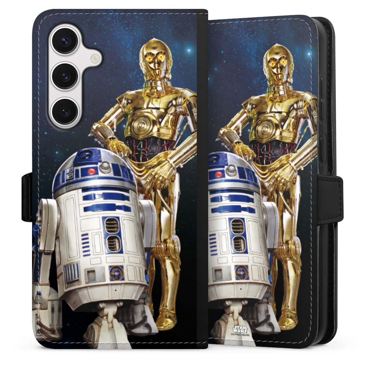 Galaxy S24+ Handy Klapphülle Handyhülle aus Kunst Leder schwarz Flip Case Weltall Star Wars R2d2 Sideflip mit Lasche