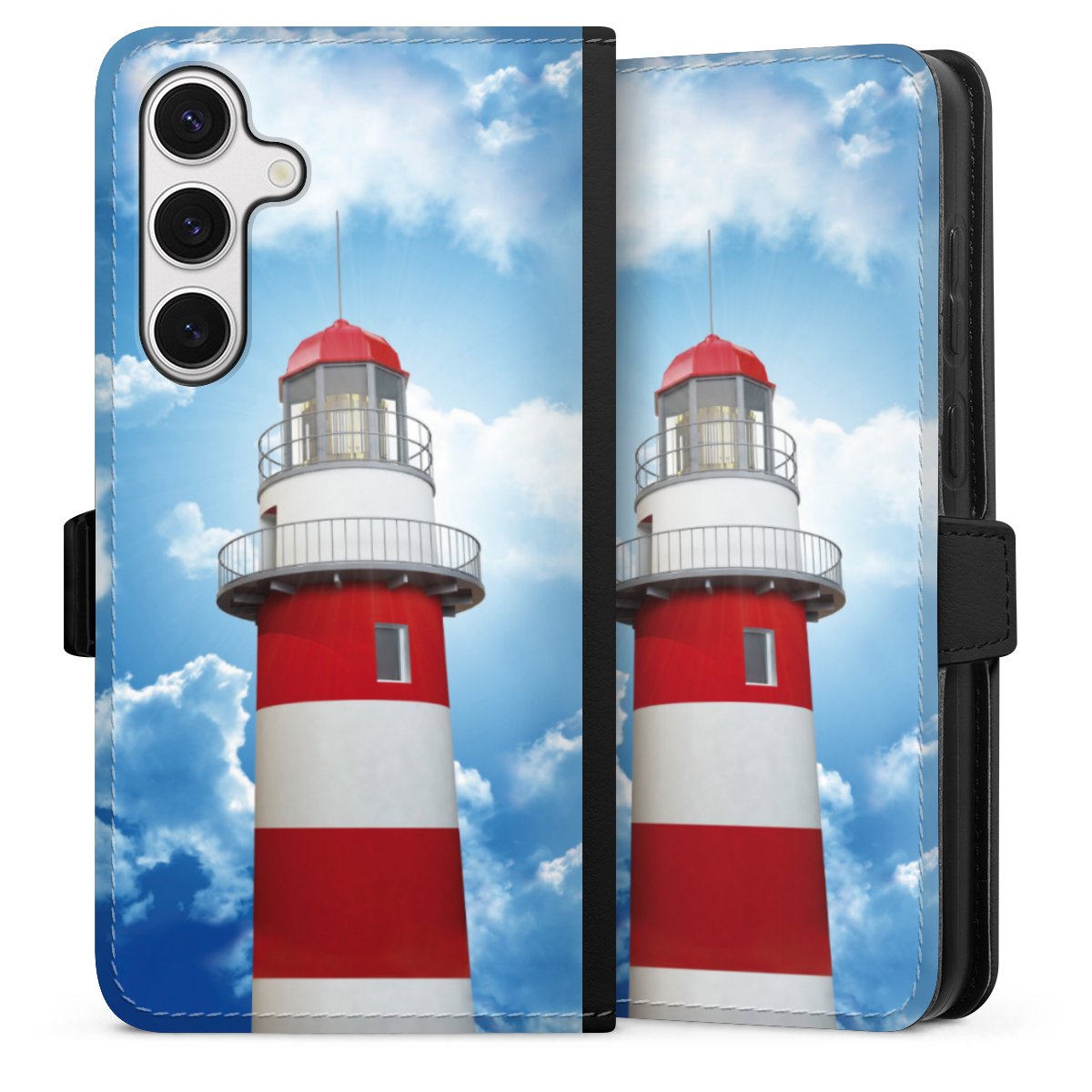 Galaxy S24+ Handy Klapphülle Handyhülle aus Kunst Leder schwarz Flip Case Lighthouse Sky Cloud Sideflip mit Lasche