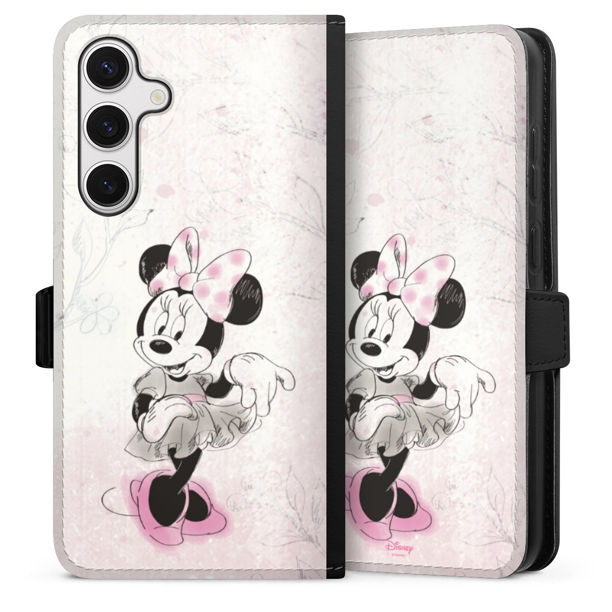 Galaxy S24+ Handy Klapphülle Handyhülle aus Kunst Leder schwarz Flip Case Disney Minnie Mouse Vintage Sideflip mit Lasche