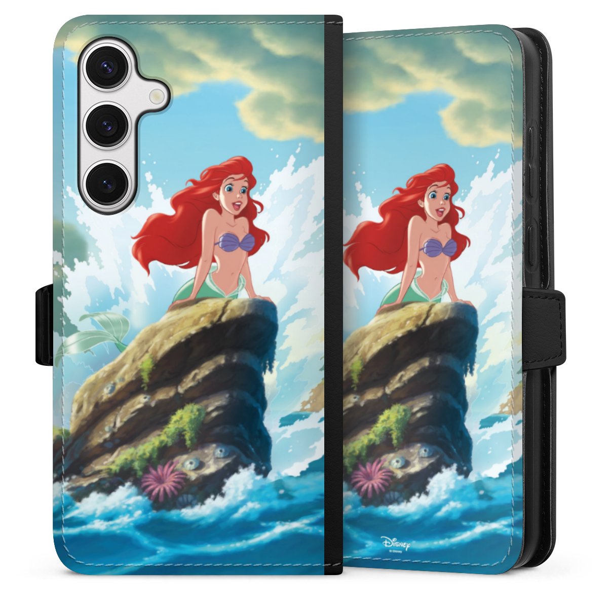 Galaxy S24+ Handy Klapphülle Handyhülle aus Kunst Leder schwarz Flip Case Mermaid Arielle Die Meerjungfrau Official Licensed Product Sideflip mit Lasche