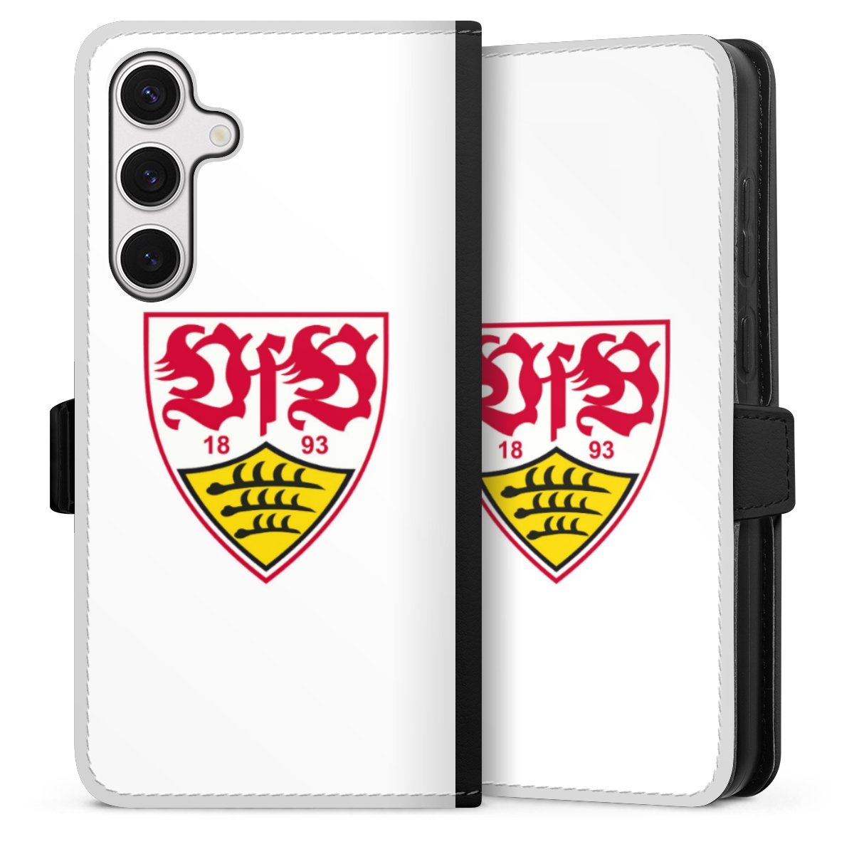 Galaxy S24+ Handy Klapphülle Handyhülle aus Kunst Leder schwarz Flip Case Logo Official Licensed Product Vfb Stuttgart Sideflip mit Lasche