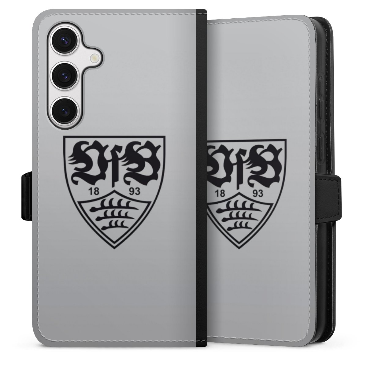 Galaxy S24+ Handy Klapphülle Handyhülle aus Kunst Leder schwarz Flip Case Logo Vfb Stuttgart Official Licensed Product Sideflip mit Lasche