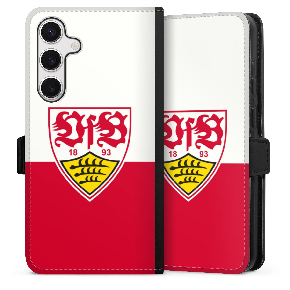 Galaxy S24+ Handy Klapphülle Handyhülle aus Kunst Leder schwarz Flip Case Official Licensed Product Logo Vfb Stuttgart Sideflip mit Lasche