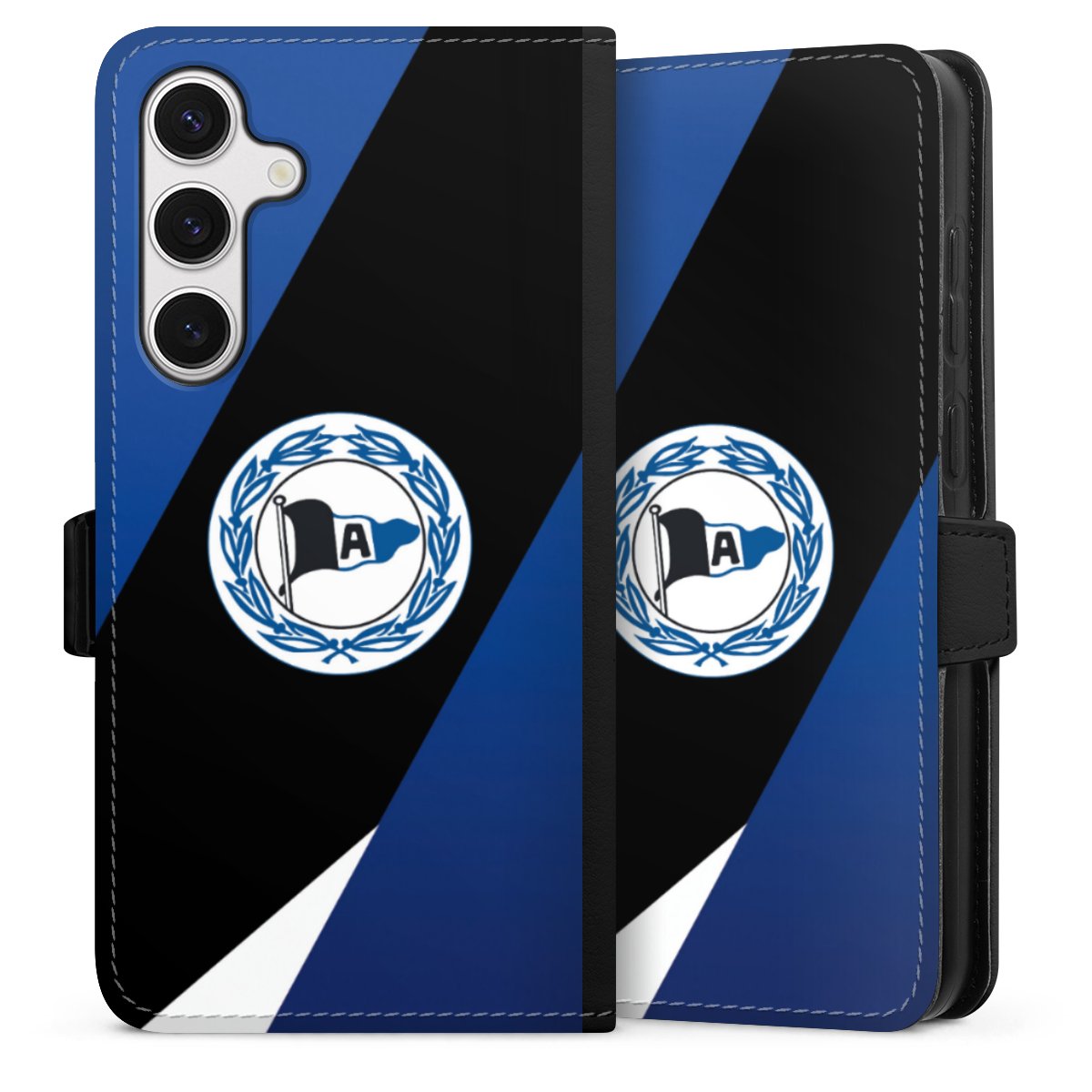 Galaxy S24+ Handy Klapphülle Handyhülle aus Kunst Leder schwarz Flip Case Official Licensed Product Arminia Bielefeld Dsc Sideflip mit Lasche