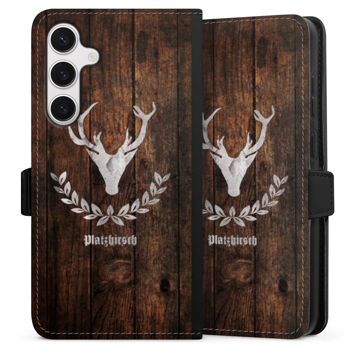 Galaxy S24+ Handy Klapphülle Handyhülle aus Kunst Leder schwarz Flip Case Deer Wood Wooden Look Sideflip mit Lasche