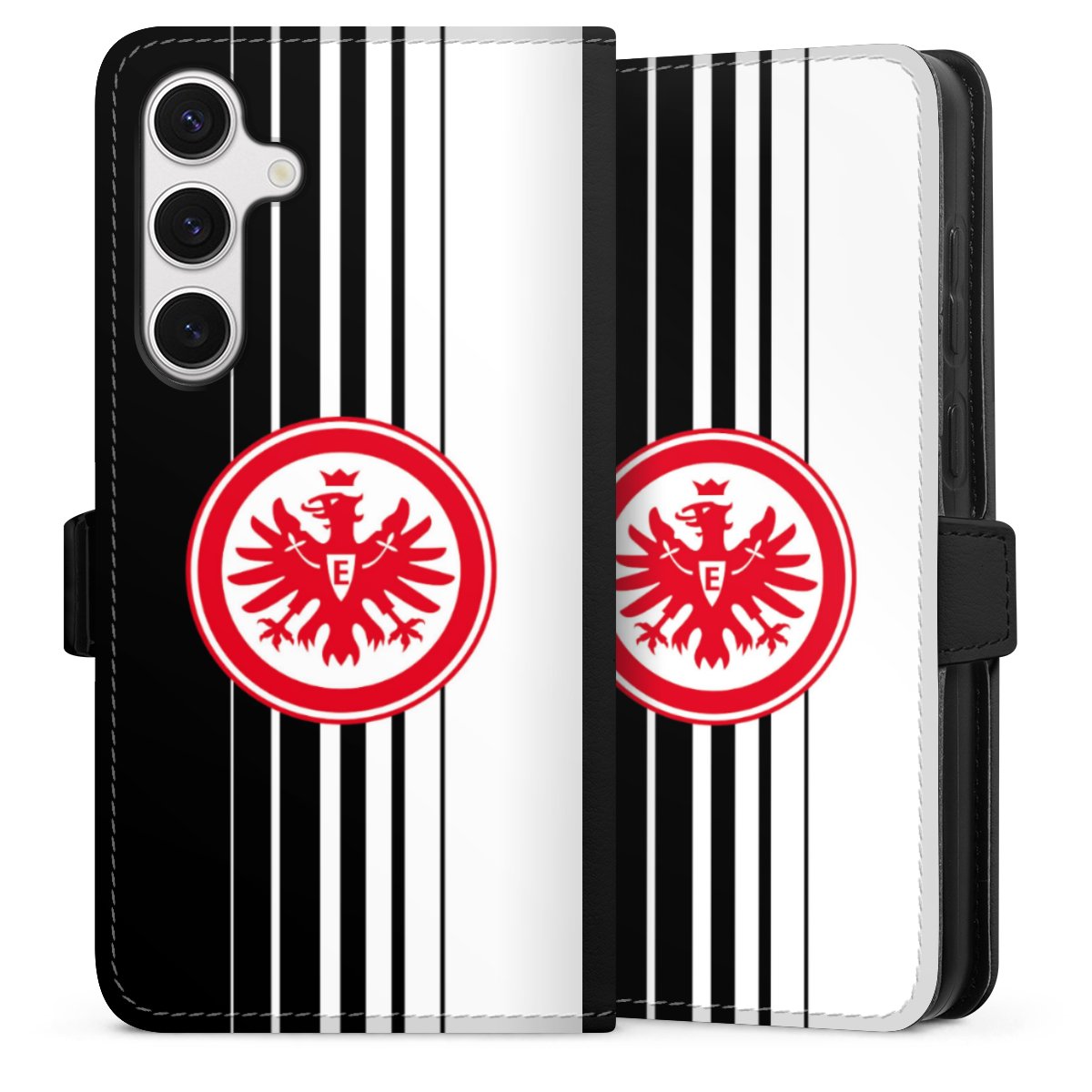 Galaxy S24+ Handy Klapphülle Handyhülle aus Kunst Leder schwarz Flip Case Stripes Eintracht Frankfurt Official Licensed Product Sideflip mit Lasche