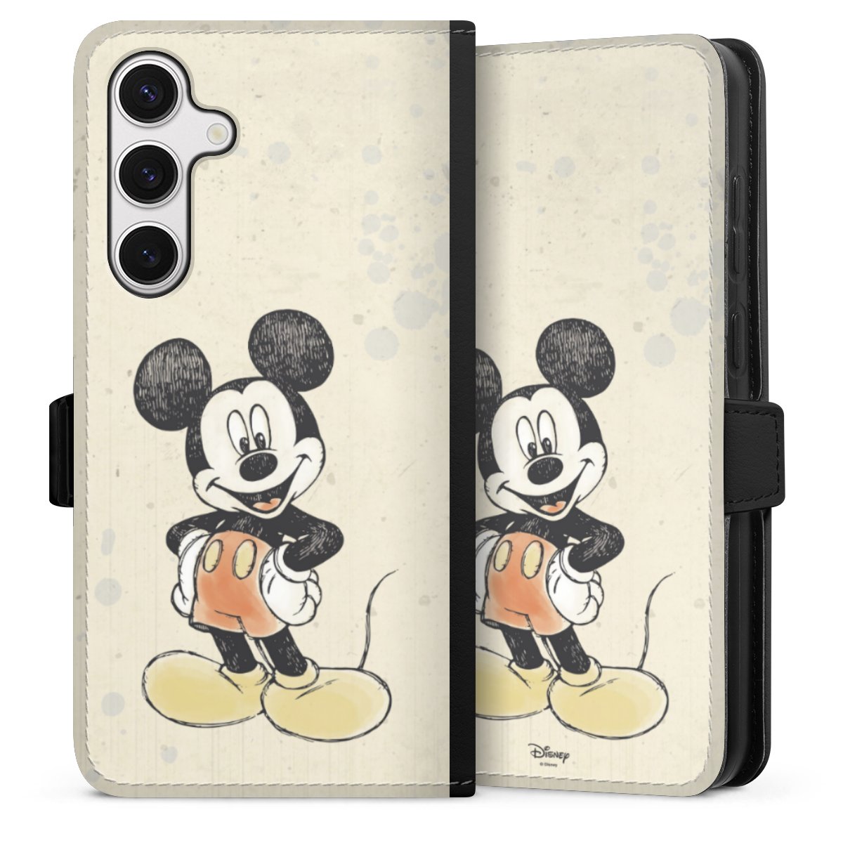 Galaxy S24+ Handy Klapphülle Handyhülle aus Kunst Leder schwarz Flip Case Water Colour Mickey & Minnie Mouse Official Licensed Product Sideflip mit Lasche