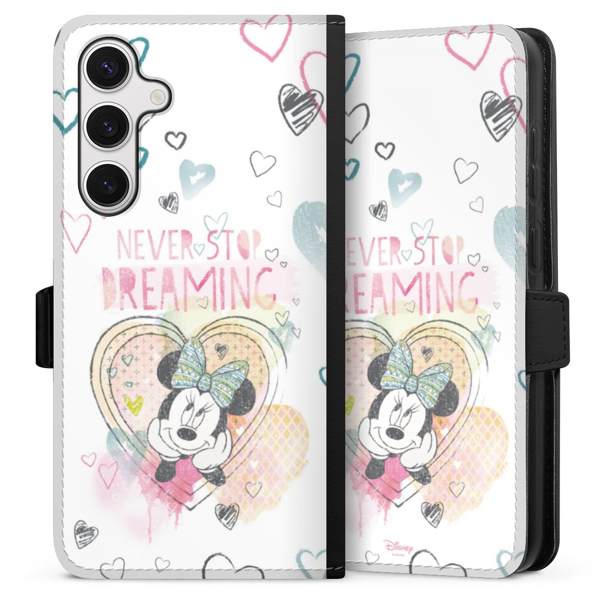 Galaxy S24+ Handy Klapphülle Handyhülle aus Kunst Leder schwarz Flip Case Disney Official Licensed Product Minnie Mouse Sideflip mit Lasche