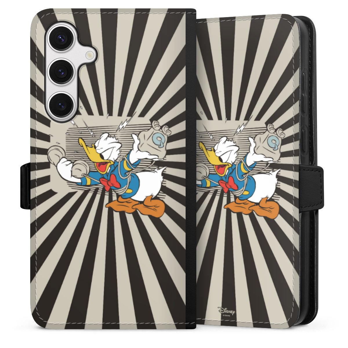 Galaxy S24+ Handy Klapphülle Handyhülle aus Kunst Leder schwarz Flip Case Donald Duck Disney Official Licensed Product Sideflip mit Lasche