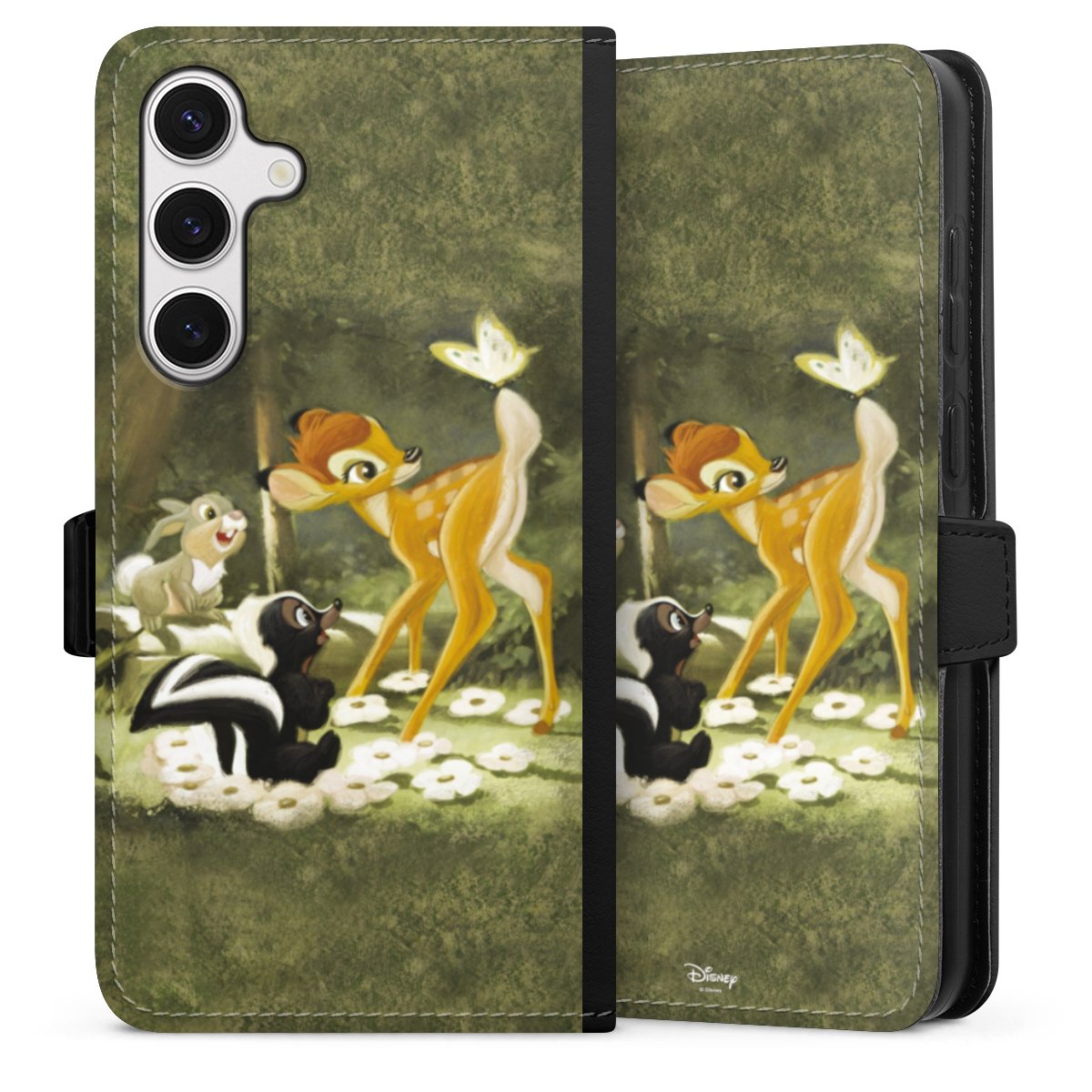 Galaxy S24+ Handy Klapphülle Handyhülle aus Kunst Leder schwarz Flip Case Disney Official Licensed Product Bambi Sideflip mit Lasche