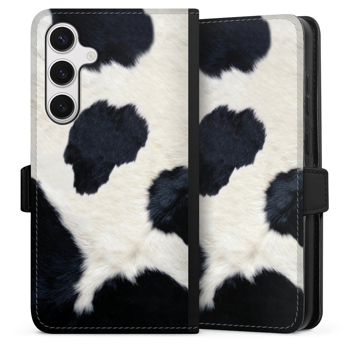 Galaxy S24+ Handy Klapphülle Handyhülle aus Kunst Leder schwarz Flip Case Animal Look Animal Print Cow Skin Sideflip mit Lasche